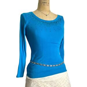 Justice Blue Sequin Scoop Neck Long Sleeve Top Y2K Glam XS